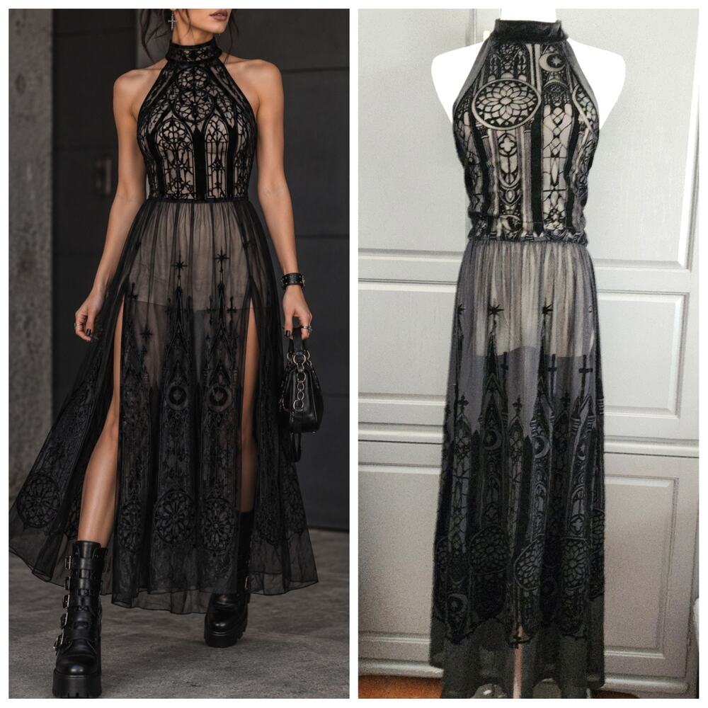 Sheer Goth Chapel Whimsigoth Velvet Burnout Halter Dress Hi Slits Vamp Lg/XL